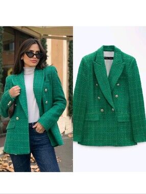 SHEIN Green Textured Double-Breasted Tweed Gold Button Jacket Size Large